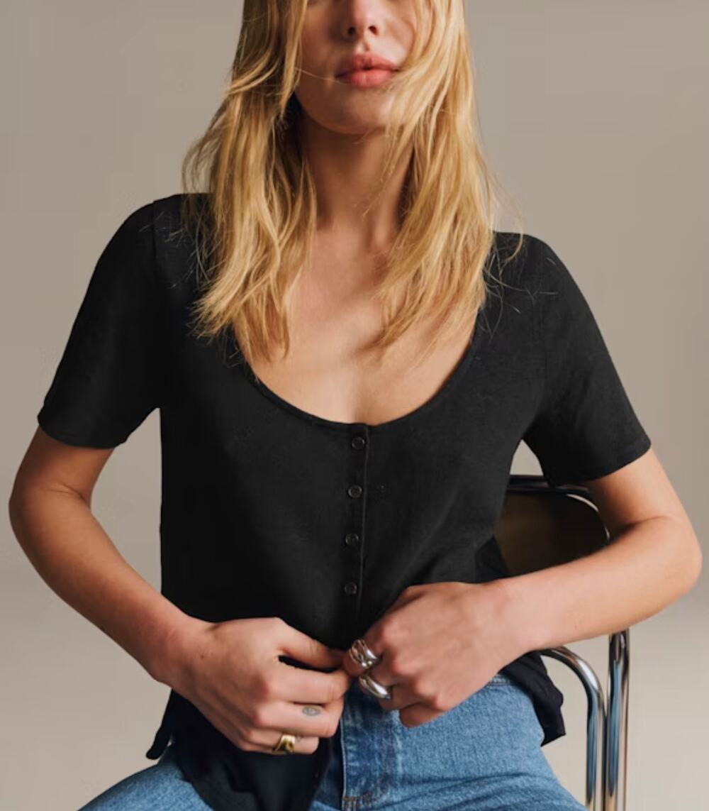 Sezane Milo T-Shirt Button Front Linen Blend